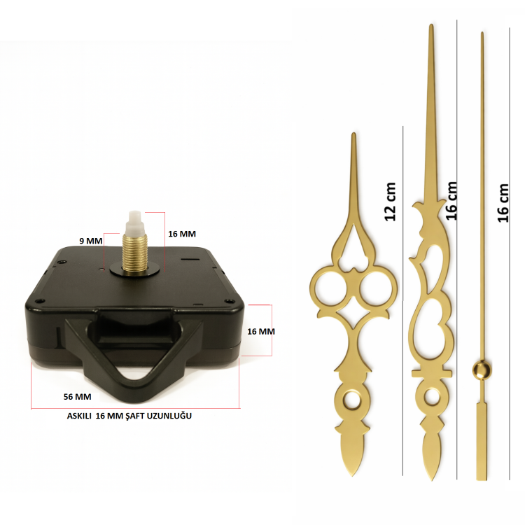 Askılı 16 mm Şaft  Akar Sessiz Duvar Saati Mekanizması -Metal akrep-yelkovan-saniye
