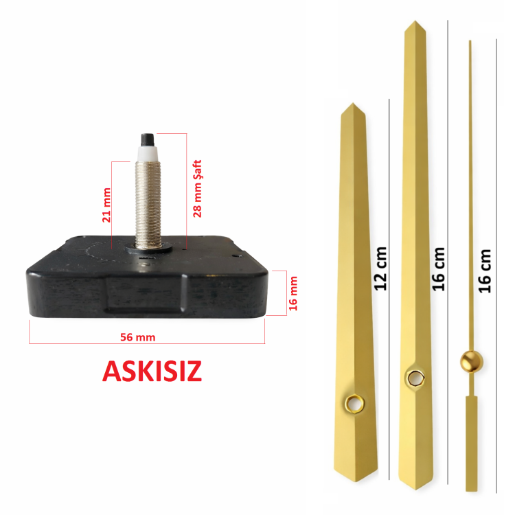 Askısız 28 mm Şaft Akar Sessiz Duvar Saati Mekanizması -Metal akrep-yelkovan-saniye