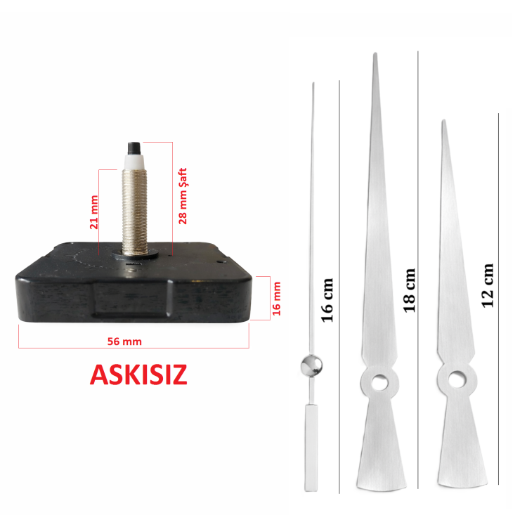 Askısız 28 mm Şaft  Akar Sessiz Duvar Saati Mekanizması -Metal akrep-yelkovan-saniye