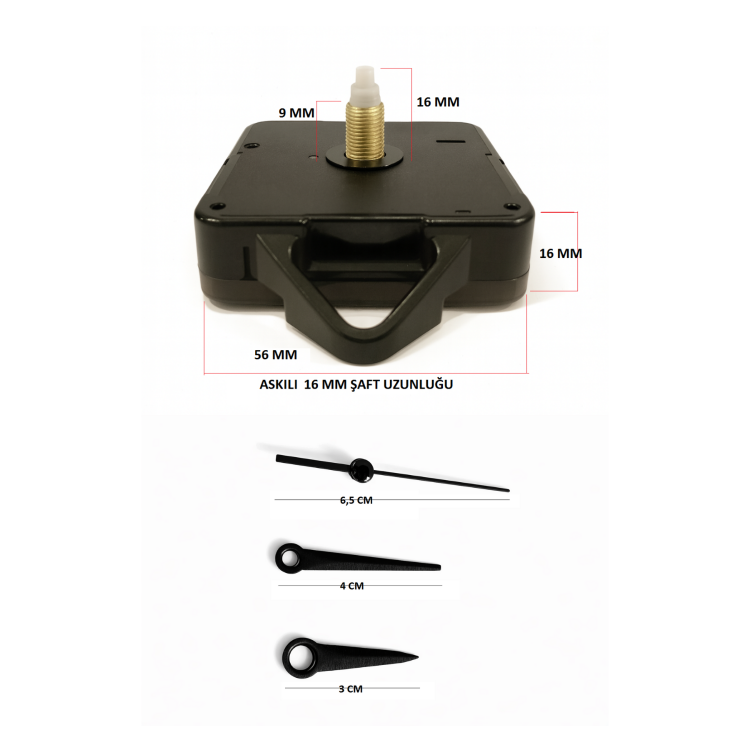 Askılı 16 mm Şaft Akar Sessiz Duvar Saati Mekanizması -Metal akrep-yelkovan-saniye