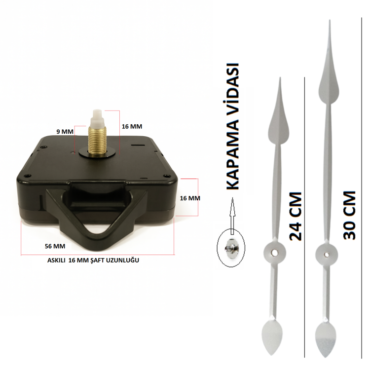 Askılı 16 mm Şaft Akar Sessiz Duvar Saati Mekanizması -Metal akrep-yelkovan-saniye