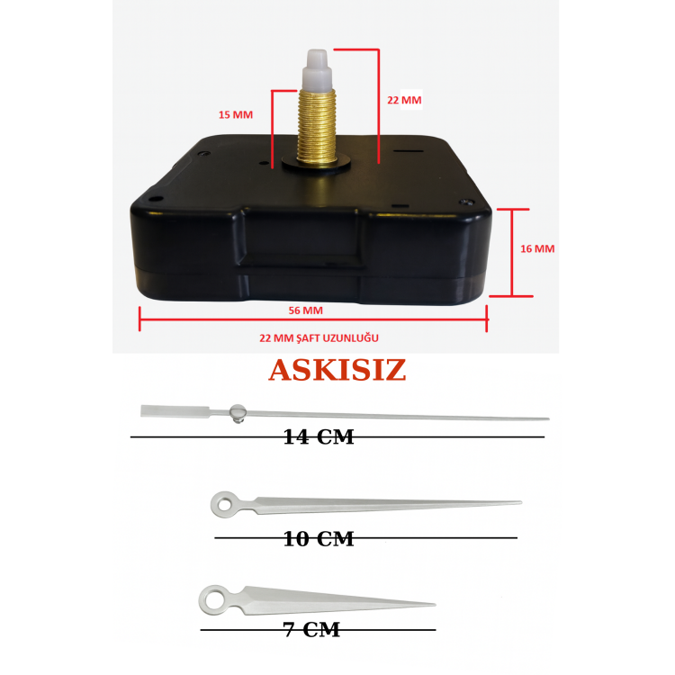 Askısız 22 mm Şaft Akar Sessiz Duvar Saati Mekanizması -Metal akrep-yelkovan-saniye