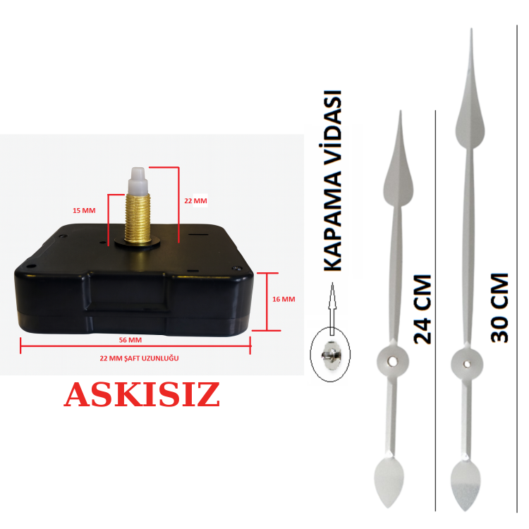 Askısız 22 mm Şaft Akar Sessiz Duvar Saati Mekanizması -Metal akrep-yelkovan-saniye