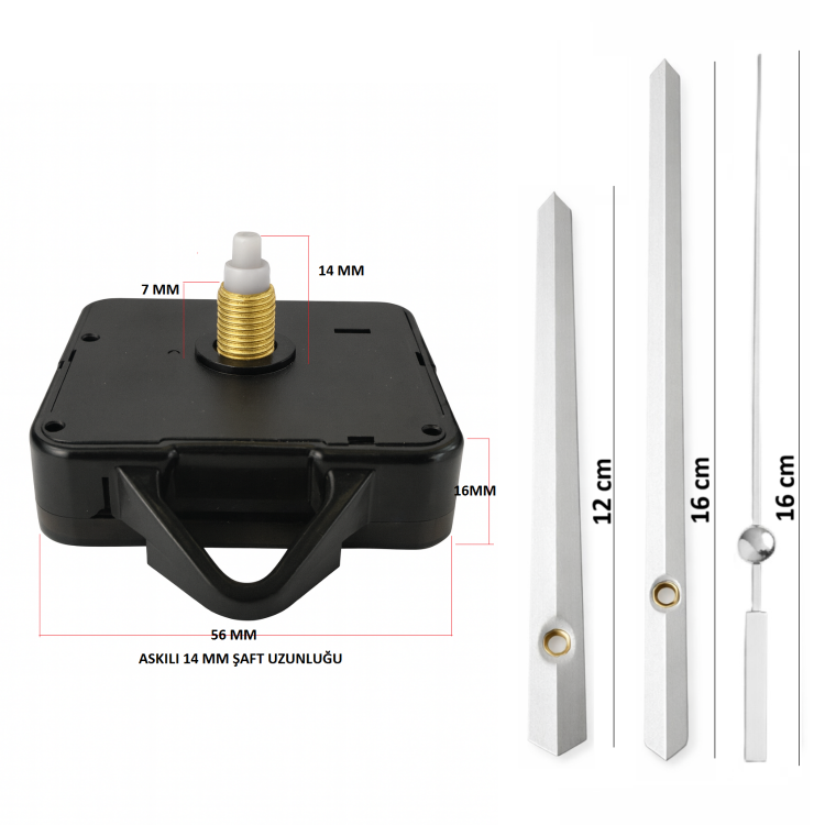 Askılı 14 mm Şaft Akar Sessiz Duvar Saati Mekanizması -Metal akrep-yelkovan-saniye