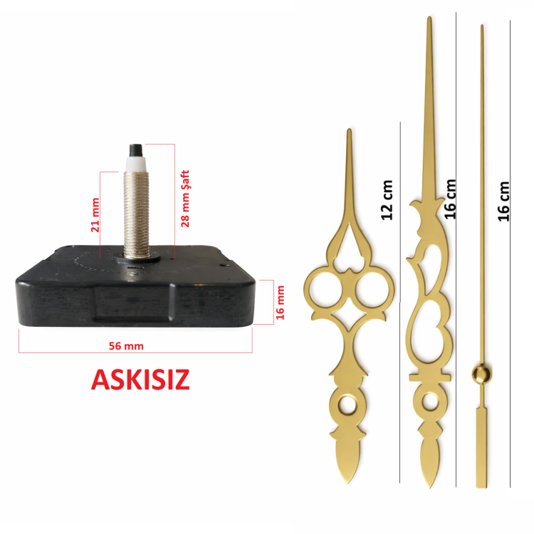 Askısız 28 mm Şaft Akar Sessiz Duvar Saati Mekanizması -Metal akrep-yelkovan-saniye