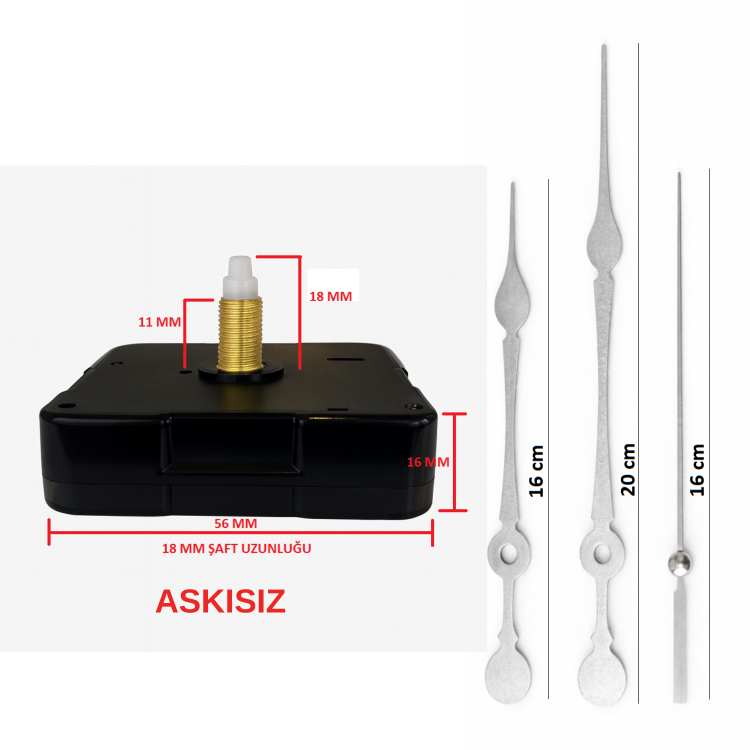 Askısız 18 mm Şaft Akar Sessiz Duvar Saati Mekanizması -Metal akrep-yelkovan-saniye