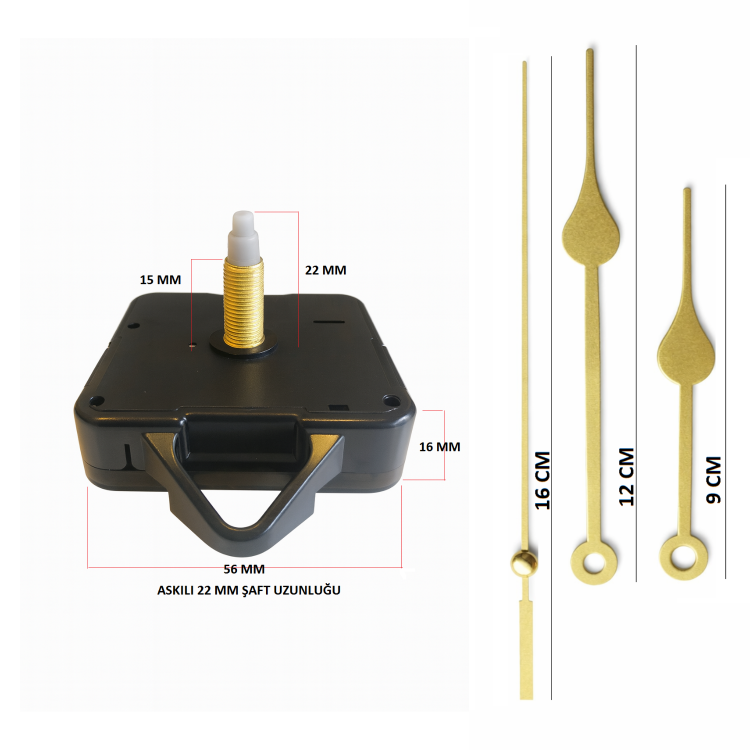 Askılı 22 mm Şaft Akar Sessiz Duvar Saati Mekanizması -Metal akrep-yelkovan-saniye