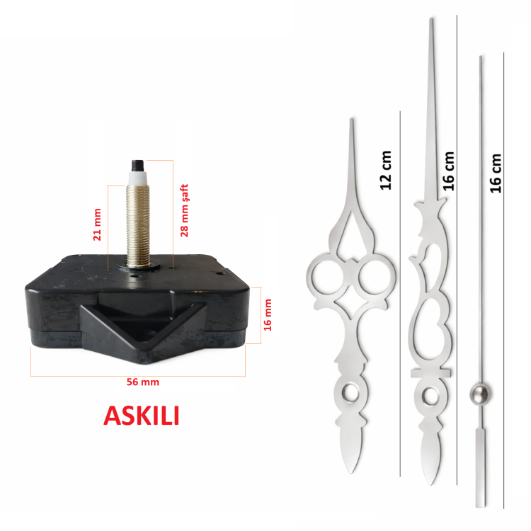 Askılı 28 mm Şaft  Akar Sessiz Duvar Saati Mekanizması -Metal akrep-yelkovan-saniye