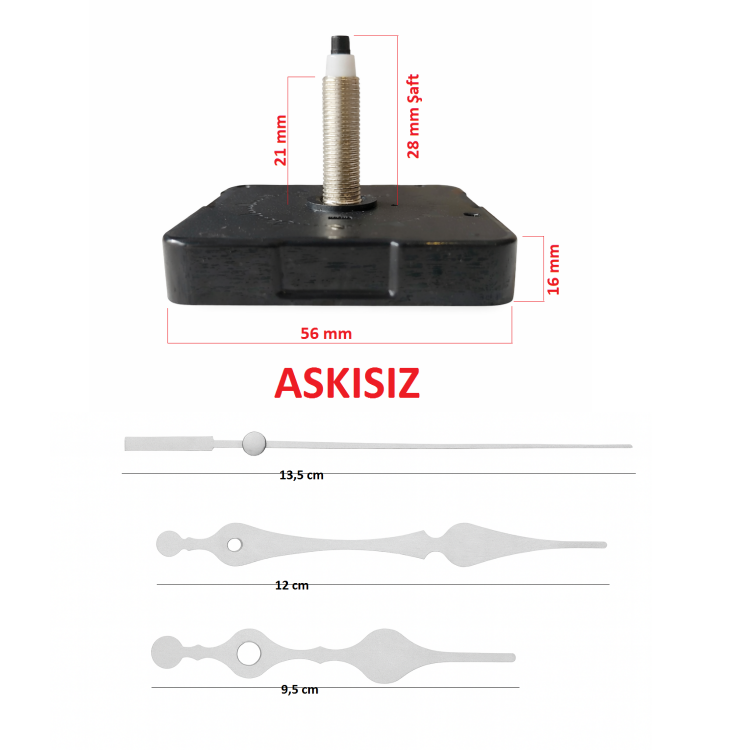 Askısız 28 mm Şaft  Akar Sessiz Duvar Saati Mekanizması -Metal akrep-yelkovan-saniye