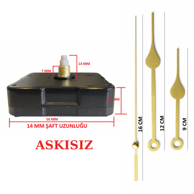 Askısız 14 mm Şaft Akar Sessiz Duvar Saati Mekanizması -Metal akrep-yelkovan-saniye