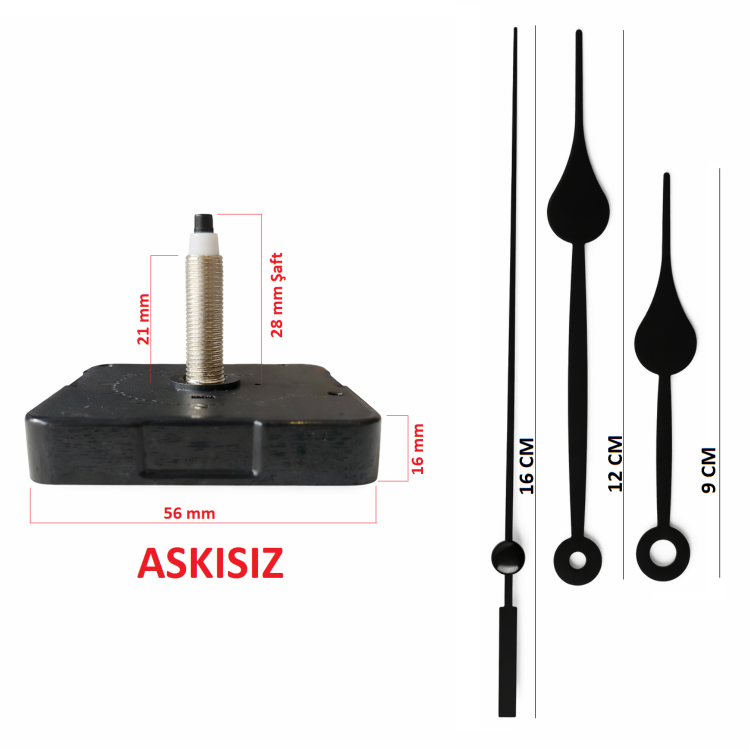 Askısız 28 mm Şaft Akar Sessiz Duvar Saati Mekanizması -Metal akrep-yelkovan-saniye