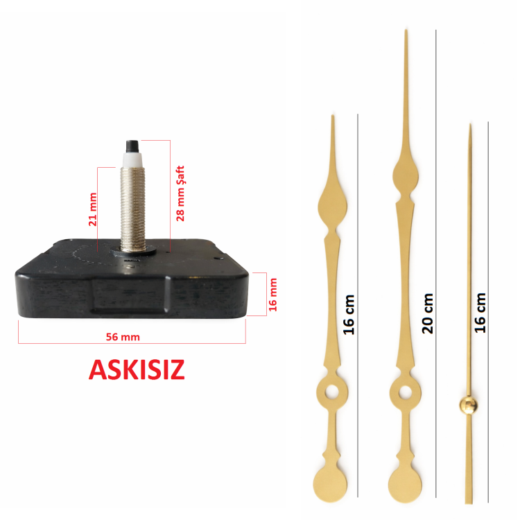 Askısız 28 mm Şaft Akar Sessiz Duvar Saati Mekanizması -Metal akrep-yelkovan-saniye