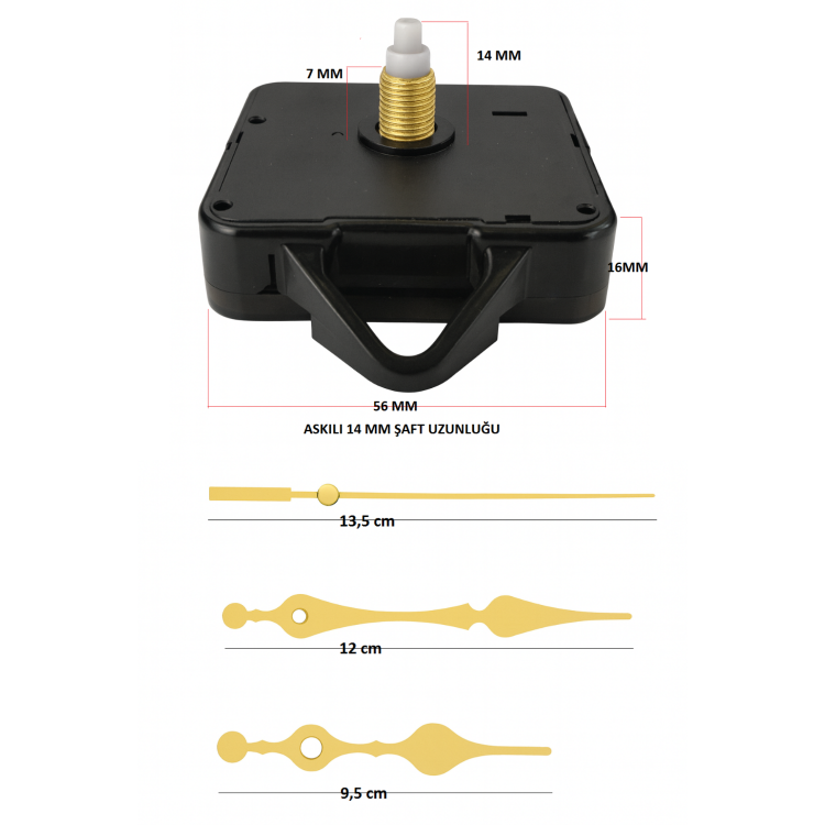 Askılı 14 mm Şaft Akar Sessiz Duvar Saati Mekanizması -Metal akrep-yelkovan-saniye