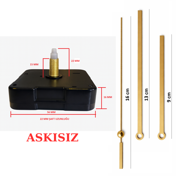 Askısız 22 mm Şaft Akar Sessiz Duvar Saati Mekanizması -Metal akrep-yelkovan-saniye