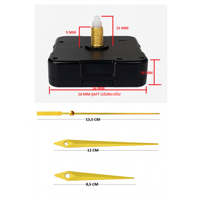 Askısız 16 mm Şaft Akar Sessiz Duvar Saati Mekanizması -Metal akrep-yelkovan-saniye