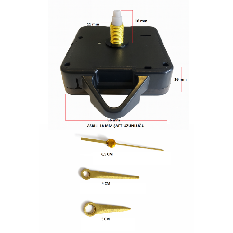 Askılı 18 mm Şaft Akar Sessiz Duvar Saati Mekanizması -Metal akrep-yelkovan-saniye