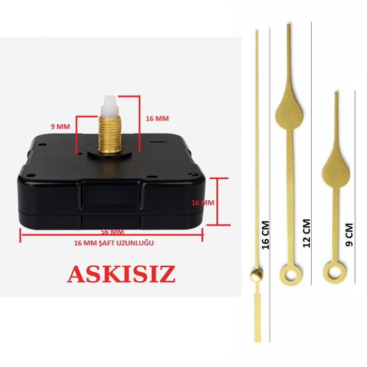 Askısız 16 mm Şaft Akar Sessiz Duvar Saati Mekanizması -Metal akrep-yelkovan-saniye