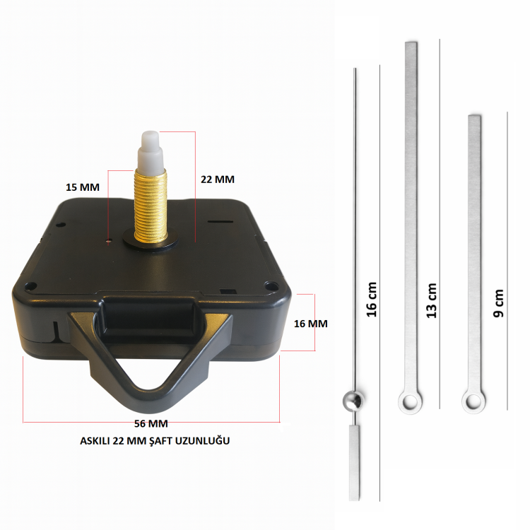 Askılı 22 mm Şaft Akar Sessiz Duvar Saati Mekanizması -Metal akrep-yelkovan-saniye