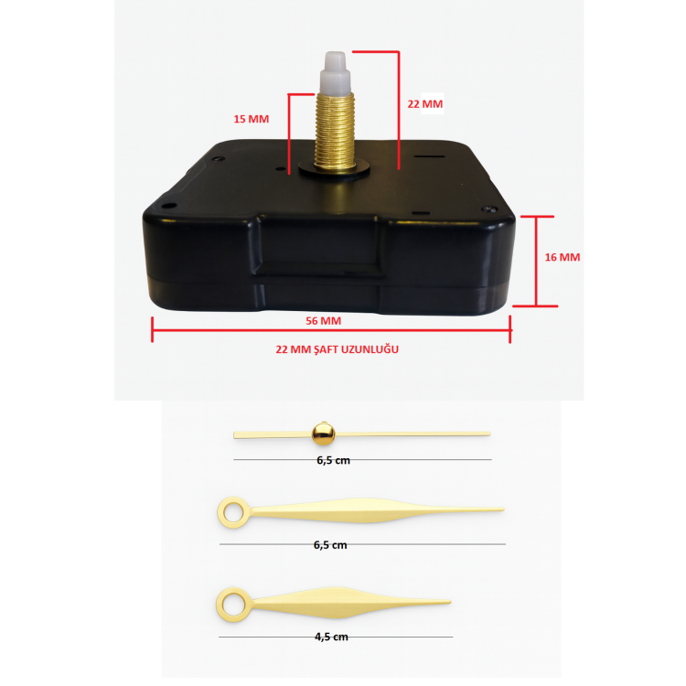 Askısız 22 mm Şaft Akar Sessiz Duvar Saati Mekanizması -Metal akrep-yelkovan-saniye