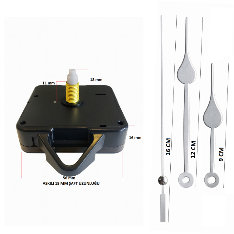 Askılı 18 mm Şaft Akar Sessiz Duvar Saati Mekanizması -Metal akrep-yelkovan-saniye