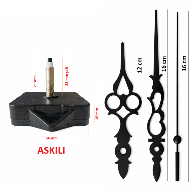 Askılı 28 mm Şaft  Akar Sessiz Duvar Saati Mekanizması -Metal akrep-yelkovan-saniye