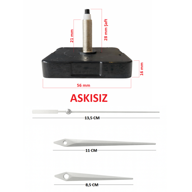 Askısız 28 mm Şaft Akar Sessiz Duvar Saati Mekanizması -Metal akrep-yelkovan-saniye