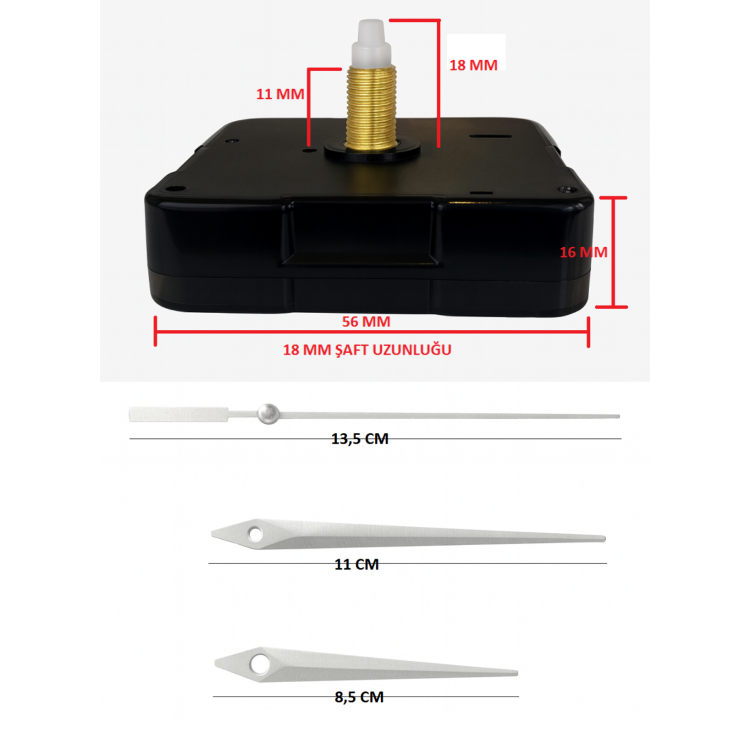 Askısız 18 mm Şaft Akar Sessiz Duvar Saati Mekanizması -Metal akrep-yelkovan-saniye