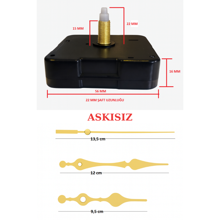Askısız 22 mm Şaft Akar Sessiz Duvar Saati Mekanizması -Metal akrep-yelkovan-saniye