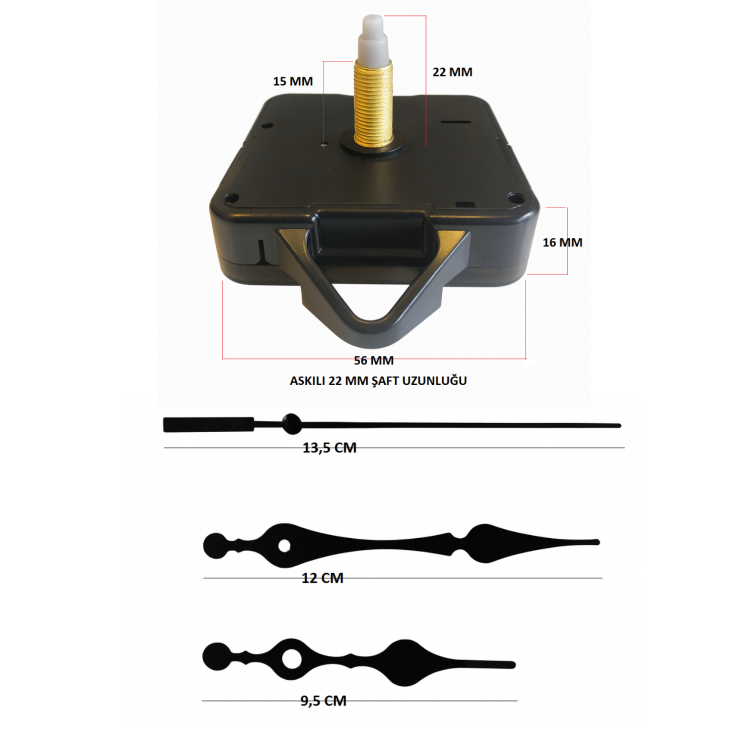 Askılı 22 mm Şaft Akar Sessiz Duvar Saati Mekanizması -Metal akrep-yelkovan-saniye