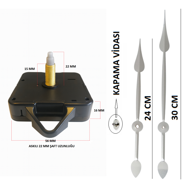 Askılı 22 mm Şaft Akar Sessiz Duvar Saati Mekanizması -Metal akrep-yelkovan-saniye
