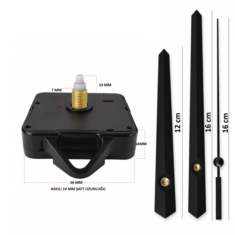 Askılı 14 mm Şaft Akar Sessiz Duvar Saati Mekanizması -Metal akrep-yelkovan-saniye
