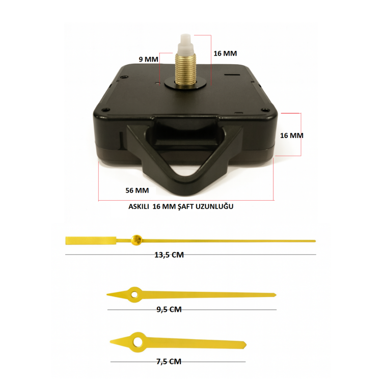 Askılı 16 mm Şaft Akar Sessiz Duvar Saati Mekanizması -Metal akrep-yelkovan-saniye