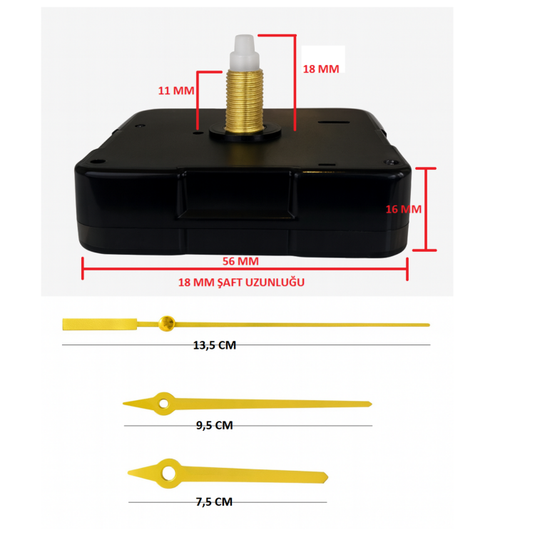 Askısız 18  mm Şaft  Akar Sessiz Duvar Saati Mekanizması -Metal akrep-yelkovan-saniye