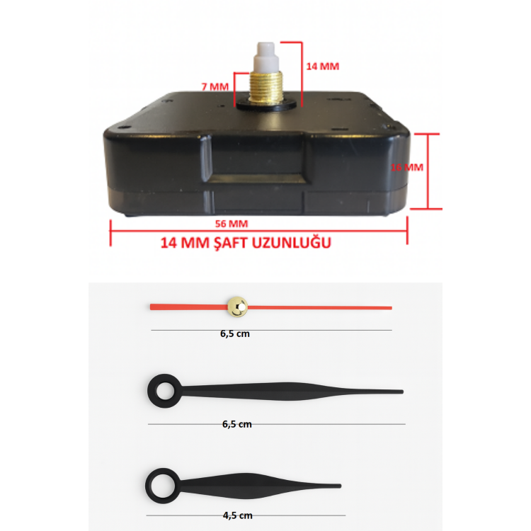Askısız 14 mm Şaft Akar Sessiz Duvar Saati Mekanizması -Metal akrep-yelkovan-saniye