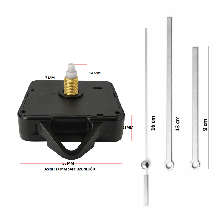 Askılı 14 mm Şaft Akar Sessiz Duvar Saati Mekanizması -Metal akrep-yelkovan-saniye