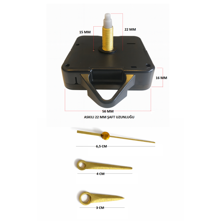 Askılı 22 mm Şaft  Akar Sessiz Duvar Saati Mekanizması -Metal akrep-yelkovan-saniye