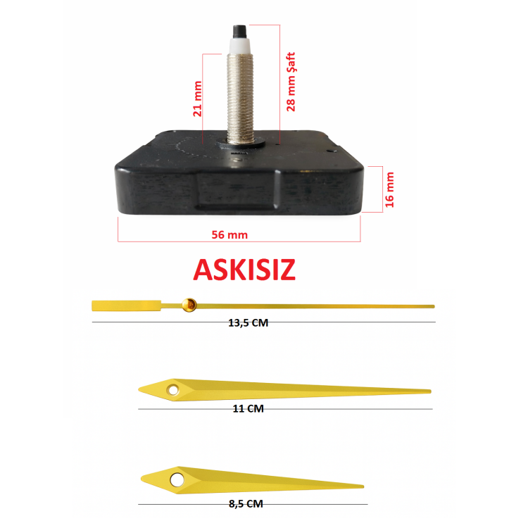 Askısız 28 mm Şaft Akar Sessiz Duvar Saati Mekanizması -Metal akrep-yelkovan-saniye