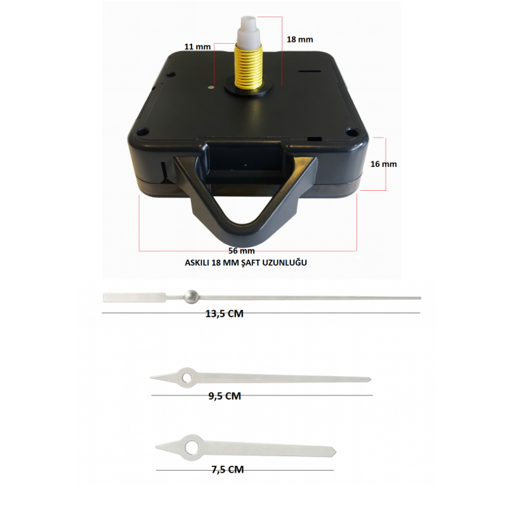 Askılı 18 mm Şaft  Akar Sessiz Duvar Saati Mekanizması -Metal akrep-yelkovan-saniye