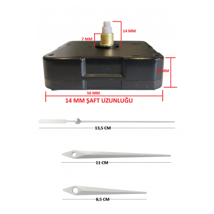 Askısız 14 mm Şaft Akar Sessiz Duvar Saati Mekanizması -Metal akrep-yelkovan-saniye