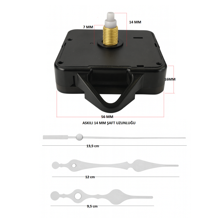 Askılı 14 mm Şaft Akar Sessiz Duvar Saati Mekanizması -Metal akrep-yelkovan-saniye