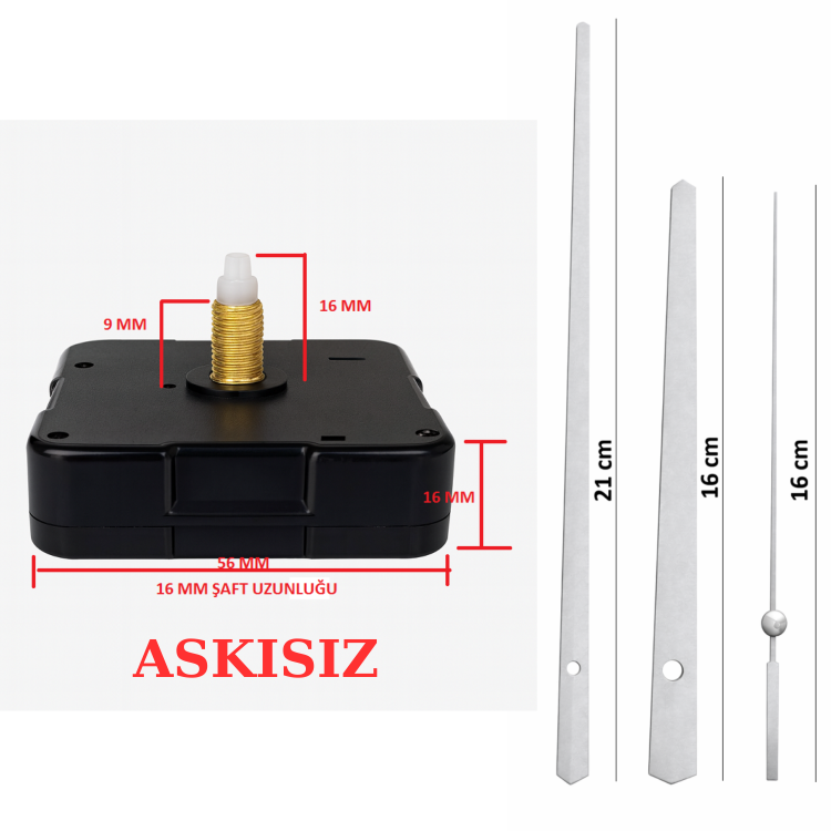 Askısız 16 mm Şaft Akar Sessiz Duvar Saati Mekanizması -Metal akrep-yelkovan-saniye