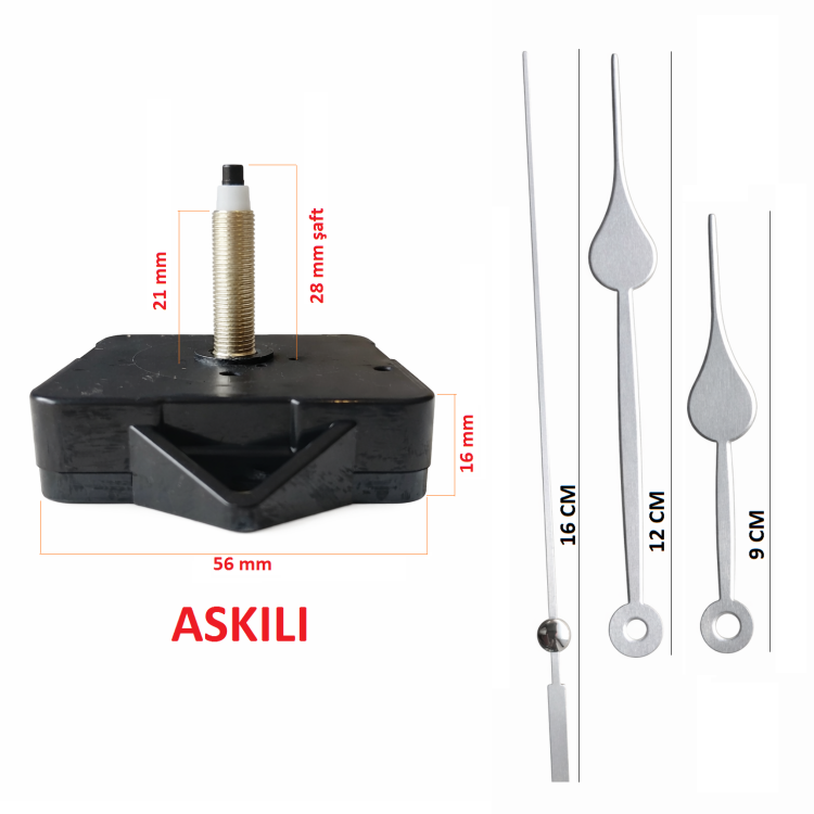 Askılı 28 mm Şaft  Akar Sessiz Duvar Saati Mekanizması -Metal akrep-yelkovan-saniye