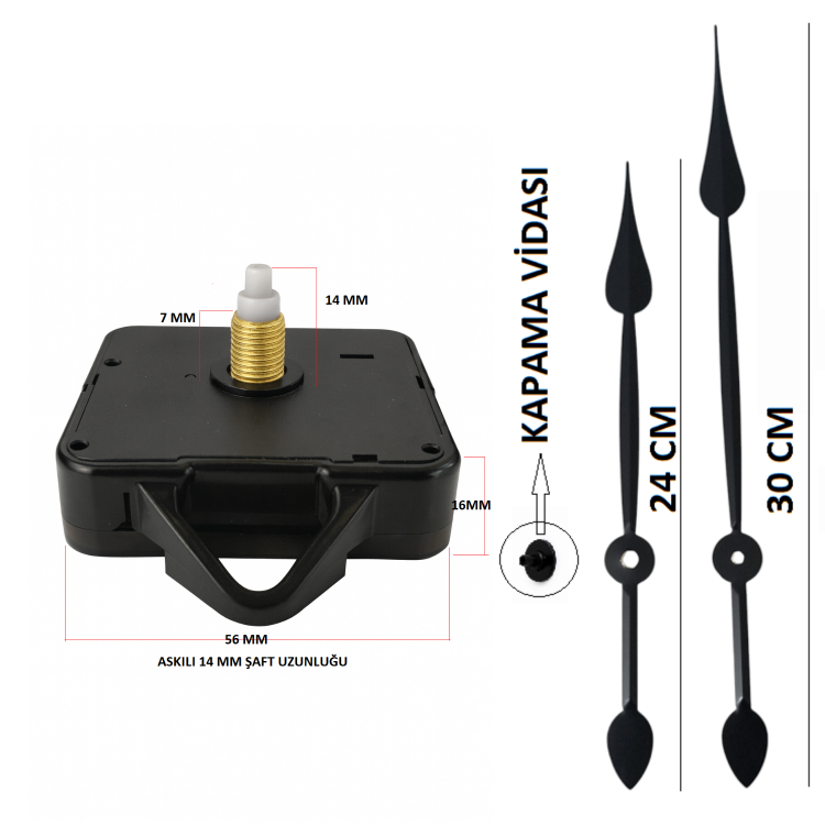 Askılı 14 mm Şaft Akar Sessiz Duvar Saati Mekanizması -Metal akrep-yelkovan-saniye