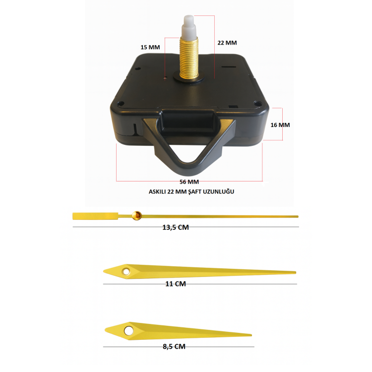 Askılı 22 mm Şaft Akar Sessiz Duvar Saati Mekanizması -Metal akrep-yelkovan-saniye