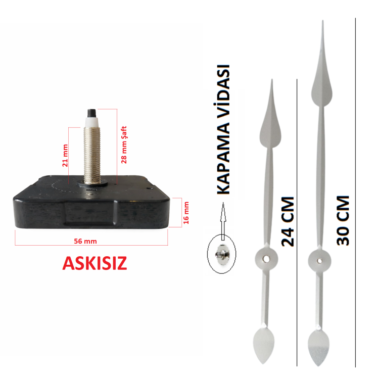 Askısız 28 mm Şaft  Akar Sessiz Duvar Saati Mekanizması -Metal akrep-yelkovan-saniye