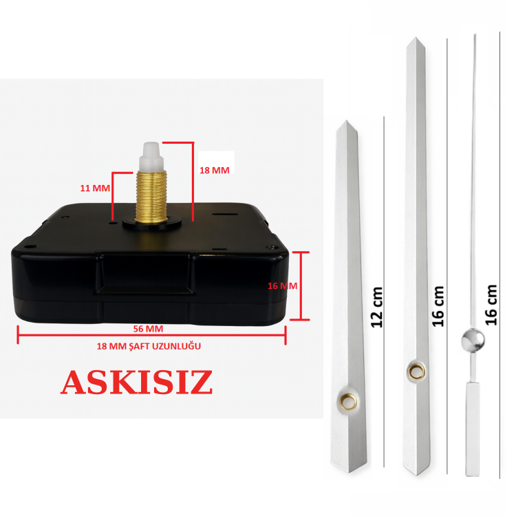 Askısız 18 mm Şaft  Akar Sessiz Duvar Saati Mekanizması -Metal akrep-yelkovan-saniye