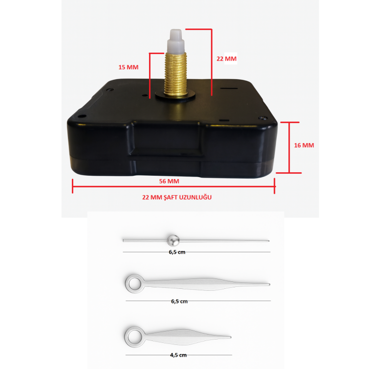 Askısız 22 mm Şaft Akar Sessiz Duvar Saati Mekanizması -Metal akrep-yelkovan-saniye