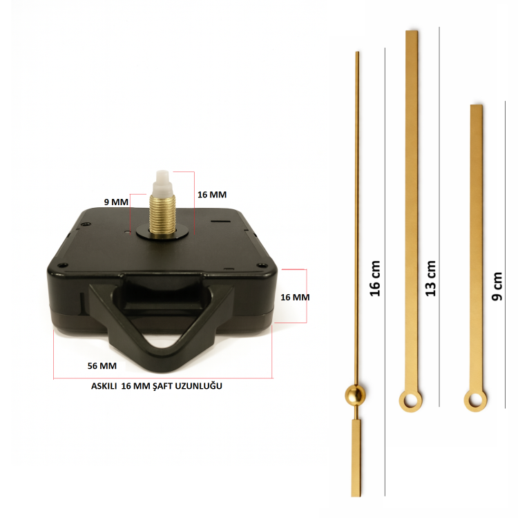 Askılı 16 mm Şaft Akar Sessiz Duvar Saati Mekanizması -Metal akrep-yelkovan-saniye