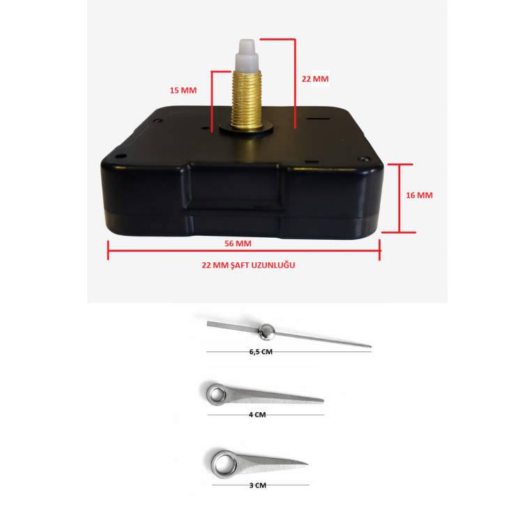 Askısız 22 mm Şaft Akar Sessiz Duvar Saati Mekanizması -Metal akrep-yelkovan-saniye