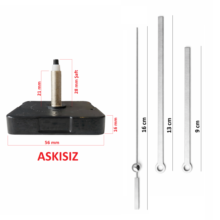 Askısız 28 mm Şaft  Akar Sessiz Duvar Saati Mekanizması -Metal akrep-yelkovan-saniye
